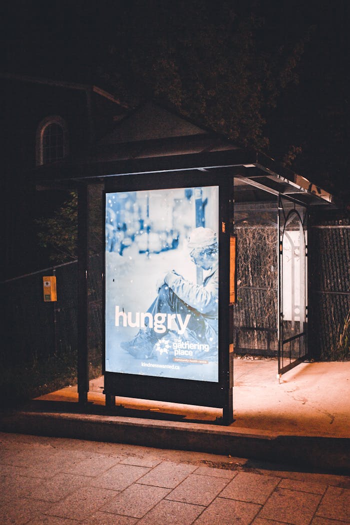 A bus stop at night with an illuminated advertisement display under streetlights.